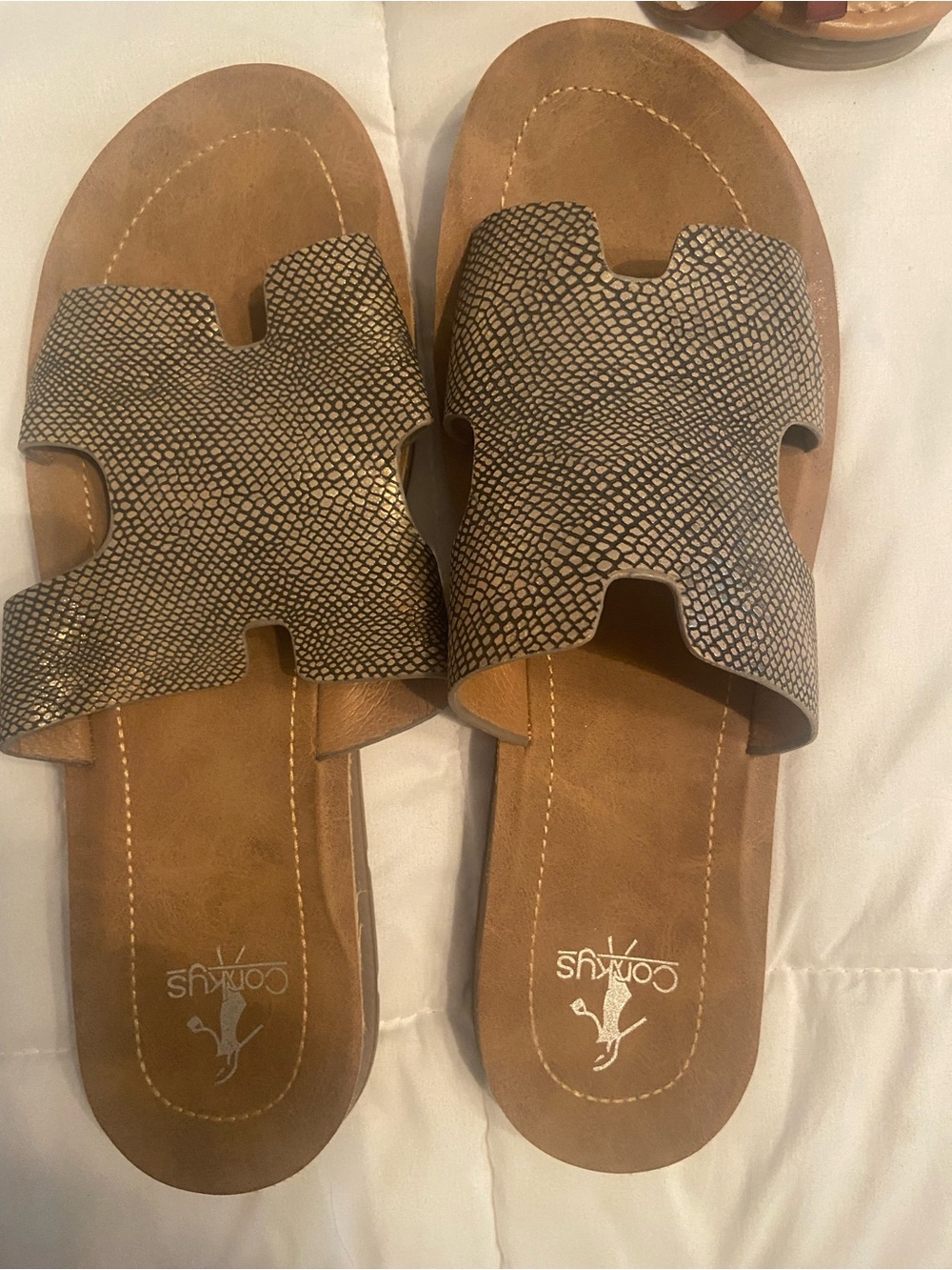 Corkys Metallic Snake-Print Slide Sandals in Taupe and Tan
